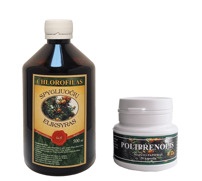 Chlorofilo "Spygliuočių eliksyras" 500ml ir poliprenolio + D3 rinkinys