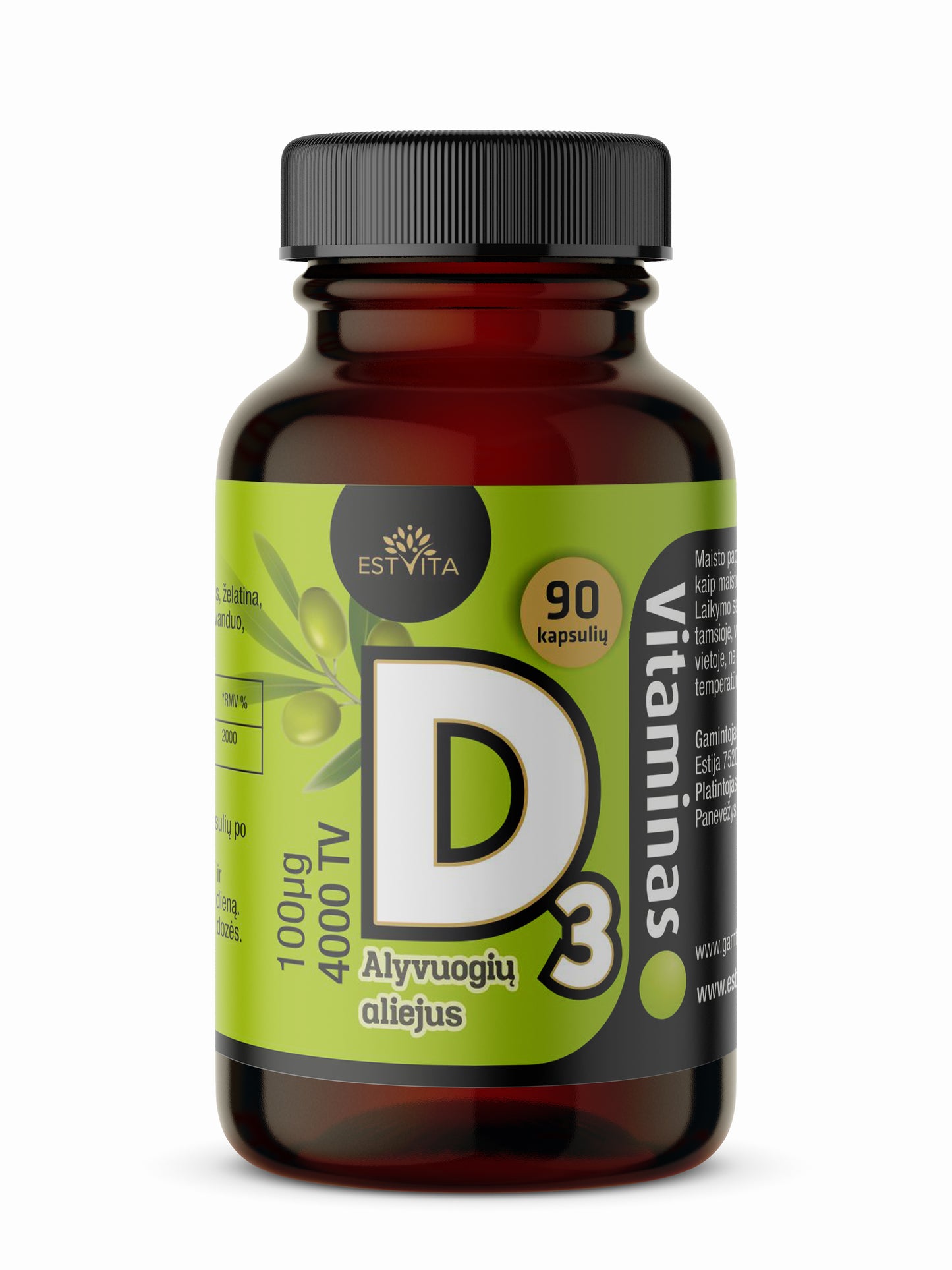 D3 vitamīns ar olīveļļu, 90 kapsulas.